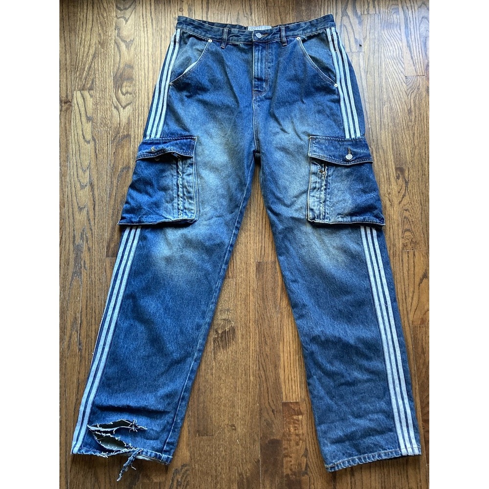 Vale Forever Jeans Mens Size 38 Baggy Y2K Cargo Stacked Racer Blue Denim Hip Hop